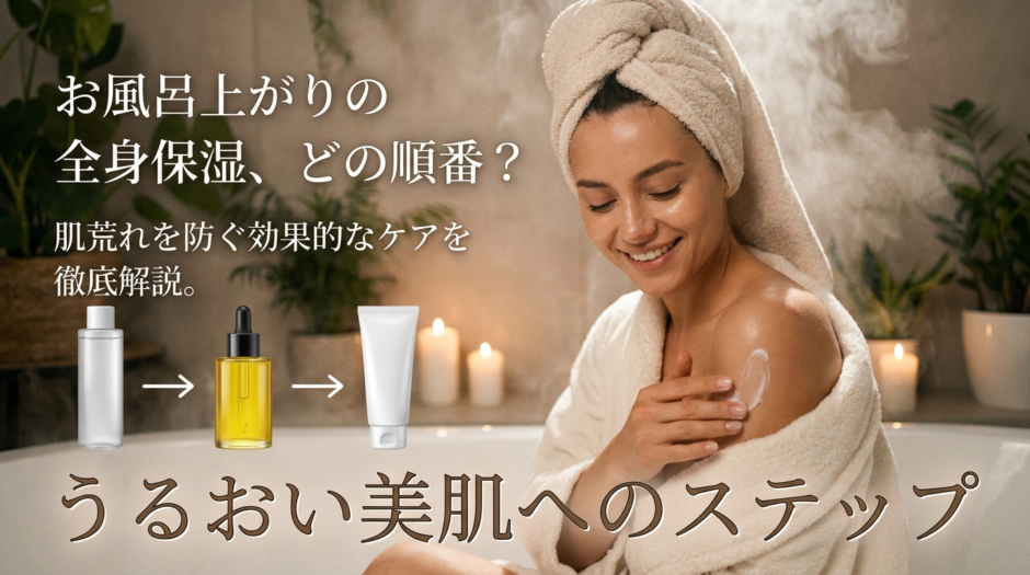 お風呂上がりの全身保湿、どの順番？肌荒れを防ぐ効果的なケアを徹底解説。